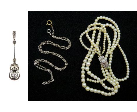 Early 20th century gold and silver diamond pendant, double strand cultured pearl necklace with diamond chip clasp and a chain