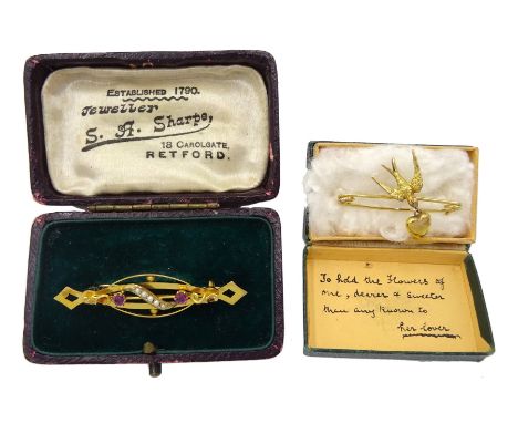 Victorian gold amethyst and split seed pearl bar brooch, stamped 9ct and Victorian gold swallow and heart bar brooch hallmark