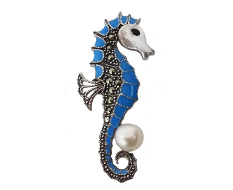 Silver blue enamel, pearl and marcasite seahorse brooch, stamped 925   - Condition Report 