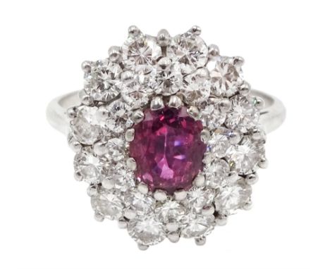 18ct white gold oval ruby and two row, round brilliant cut diamond ring[image code: 4mc] - Condition Report Approx 5.8gm, tes