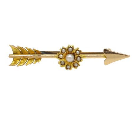  Victorian 18ct gold split seed pearl arrow brooch with, retailed by Samuel Sharpe Retford, in original box  Notes: By direct