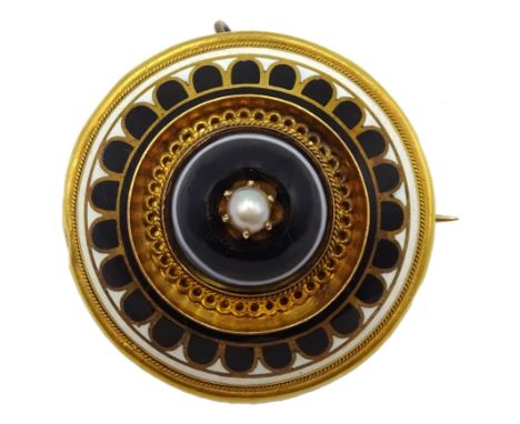   Victorian gold banded agate and enamel memorial brooch of shield form, the banded agate inset with a split seed pearl, glaz