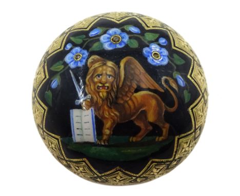  Italian 19th century gold and enamel convex brooch, depicting Lion of St Mark, the flowers set with small rose cut diamonds,