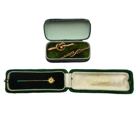 Victorian gold diamond stick pin stamped 15ct, bead bar brooch stamped 9ct and gold knot bar brooch tested 9ct, retailed by S