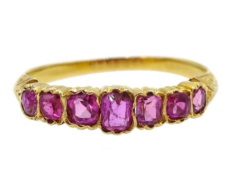  Early 20th century 18ct gold graduating seven stone, cushion cut ruby ring   - Condition Report Approx 1.6gm, size L-M, test