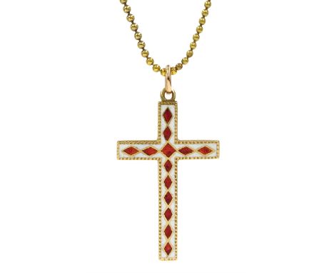 Gold red and white enamel gold cross pendant stamped 15ct, on 18ct gold ball chain necklace with barrel clasp - Condition Rep