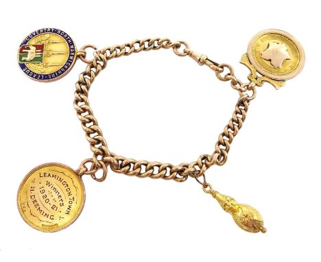  Rose gold tapering curb chain bracelet with clip stamped 9c, with two gold and enamel football medallions inscribed 'Coventr