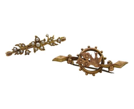18ct gold split seed pearl brooch and an  Edwardian 9ct gold bird bar brooch, Birmingham 1901 - Condition Report Pearl brooch