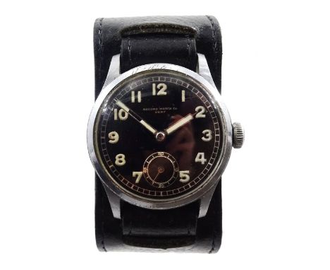 Record Watch Co GENF WWII German wristwatch, back case stamped Stahlboden D 422954 H, on leather strap - Condition Report Goo