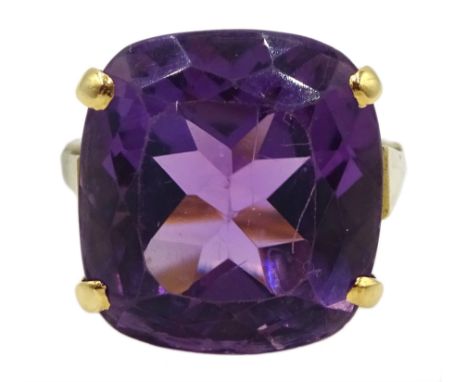 18ct gold cushion cut amethyst ring, hallmarked[image code: 4mc] - Condition Report Approx 8.3gm, size N, amethyst = 16mm x 1