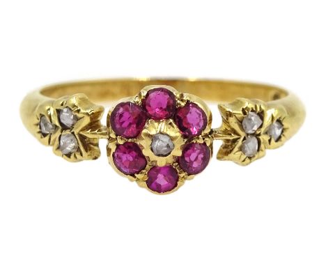  Victorian 18ct gold ruby and diamond flower cluster ring, Chester 1896  [image code: 4mc] - Condition Report Approx 2.5gm, s