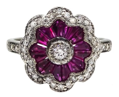  18ct white gold diamond and calibre cut ruby flower design ring, hallmarked  [image code: 4mc] - Condition Report Approx 4.2