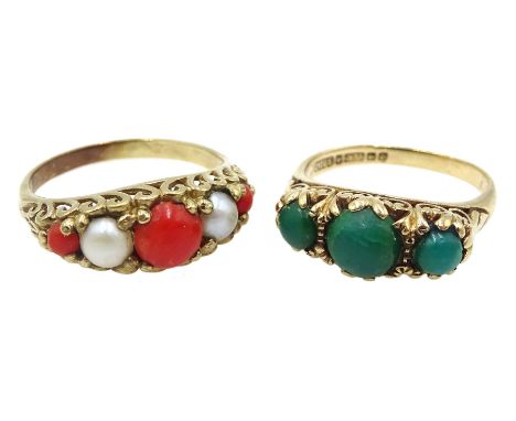 9ct gold graduating coral and pearl ring and three green hard stone set ring hallmarked - Condition Report   Approx 7gm gross