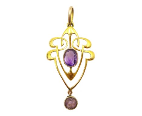Edwardian gold amethyst pendant, stamped 9ct,retailed by Samuel Sharpe, Retford, in original caseNotes: By direct decent from