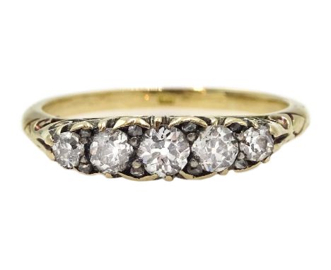  Victorian graduating five stone diamond ring, stamped 18, retailed by Samuel Sharpe Retford, in original velvet box  Notes: 