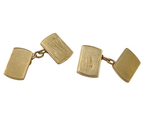  Pair of 9ct gold cufflinks, engine turned decoration and engraved initials 'NW' approx 10.28gm   - Condition Report 