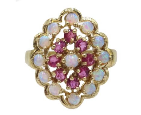  9ct gold ruby and opal cluster ring, hallmarked  [image code: 4mc] - Condition Report Approx 3.7gm, size N-O