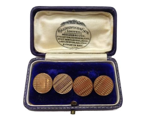  Pair of 9ct gold circular cufflinks, engine turned decoration, hallmarked, approx 5.85gm   - Condition Report 