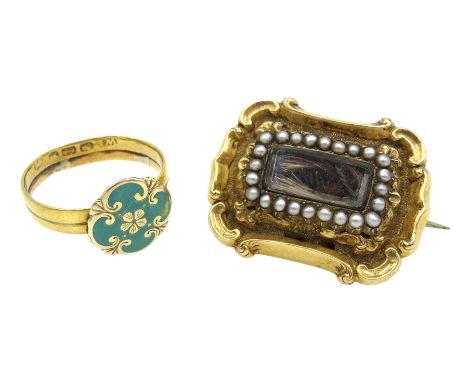 Georgian 18ct gold enamel shield ring hallmarked and a gold mounted split seed pearl mourning brooch - Condition ReportHallma