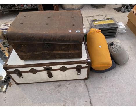 TWO VINTAGE TRAVEL TRUNKS AND THREE SLEEPING BAGS 