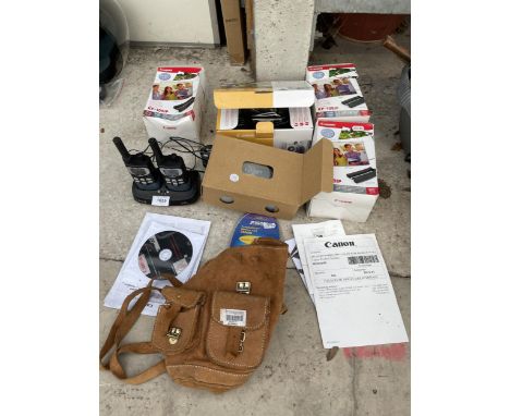 AN ASSORTMENT OF ITEMS TO INCLUDE WALKIE TALKIES, A CANON COMPACT PHOTO PRINTER AND A SATCHEL ETC 