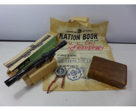 A BOXED B.S.A. 4 X 20 TELESCOPIC SIGHTS, WOODEN BOX, WRIST WORN COMPASS AND MINISTRY OF FOOD "V.E. DAY 50TH ANNIVERSARY" PLAS