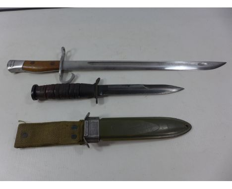 A WWII US M8 UTICA FIGHTING KNIFE, 17CM BLADE COMPLETE WITH SCABBARD AND A JAPANESE ARISAKA BAYONET (2) 