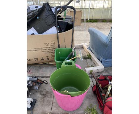 AN ASSORTMENT OF ITEMS TO INCLUDE A GARDEN SEEDER, TWO BUCKETS AND TOOLS ETC 