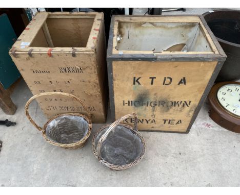 TWO WICKER BASKETS AND TWO VINTAGE TEA CHESTS 