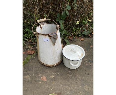 A LARGE ENAMEL WASH JUG AND A FURTHER ENAMEL LIDDED POT 