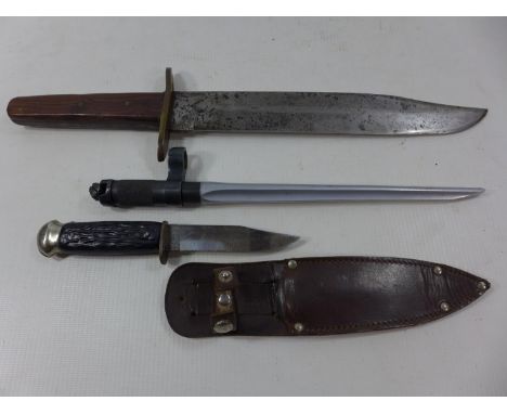 A BOWIE KNIFE, 25CM BLADE AK47 BAYONET AND A SMALL KNIFE AND SCABBARD (3) 