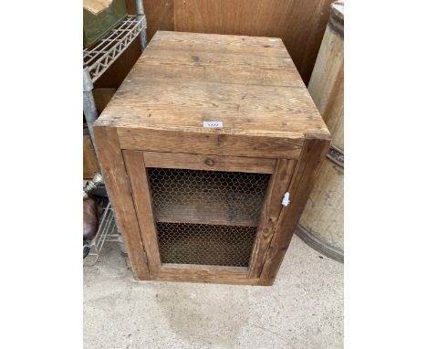 A VINTAGE WOODEN LOCKER WITH INTERNAL SHELF AND MESH DOOR 