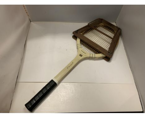 A VINTAGE CALVERLEY TENNIS RACKET WITH THE RACKET FRAME, SIGNED E P WOODCOCK 