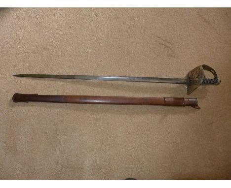 A GEORGE V 1895/1897 PATTERN INFANTRY OFFICERS SWORD, 83CM BLADE DATED 1916 WITH LEATHER SCABBARD 