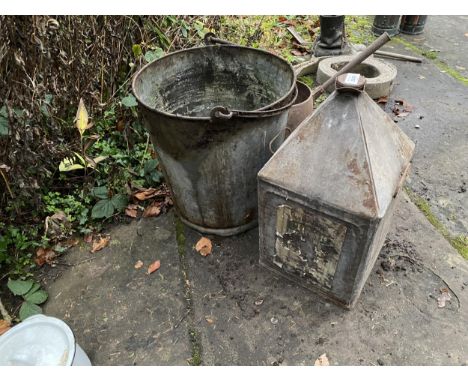 A LARGE VINTAGE FUEL DRUM AND A FURTHER GALVANISED BUCKET 