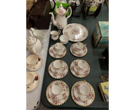 ROYAL ALBERT COTTAGE GARDEN PATTERNED TEAWARE TO INCLUDE TRIOS, A TEAPOT, CREAM JUG AND SUGAR BOWL 