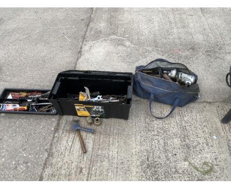 AN ASSORTMENT OF TOOLS TO INCLUDE A DRILL, SPANNERS AND SCREW DRIVERS ETC 
