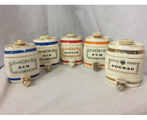 FIVE WADE CERAMIC BARRELS TO INCLUDE GIN, RUM, SCOTCH AND COGNAC 12CM HIGH 