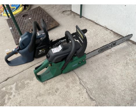 A HOMELITE PETROL CHAINSAW AND A GARDENLINE PETROL CHAINSAW BOTH BELIEVED TO RUN BUT NEED THROTTLE CABLES (NO WARRANTY) 