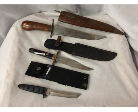A COLLECTION OF THREE KNIVES COMPRISING BOWIE KNIFE, 14.5CM BLADE, MODERN JAPANESE KNIFE, 11.5CM BLADE, AND AN INDIAN KNIFE, 