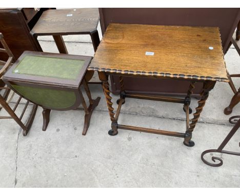 AN EARLY 20TH CENTURY OAK CENTRE TABLE ON BARLEYTWIST LEGS AND MINIATURE SOFA-TABLE 