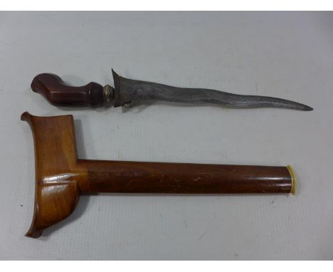 A BALANISE KRIS, 21CM WAVY BLADE, WOODEN GRIP AND SCABBARD 