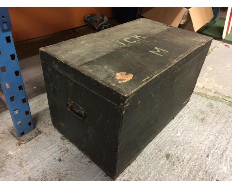 A VINTAGE PINE GREEN MILITARY TRUNK WITH SIDE HANDLES STAMPED J.C.K M HEIGHT 45CM WIDTH 76CM DEPTH 46CM 