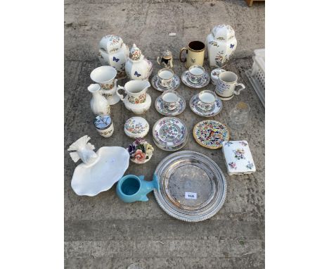 A LARGE ASSORTMENT OF CERAMIC WARE TO INCLUDE AYNSLEY CUPS AND SAUCERS, VASES AND JUGS ETC 