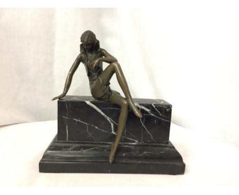 A BRONZE MODEL OF A LADY ON A MARBLE BASE SIGNED ALDE VITALET (A/F - FIGURINE COMES OFF BASE) 