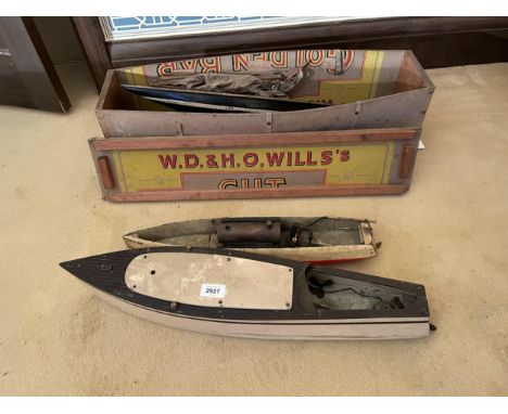 THREE MODEL BOATS - A MOTOR LAUNCH, A LAUNCH (POSSIBLY STEAM POWERED) AND A POND YACHT AND A WD &amp; HO WILLS'S CASE 