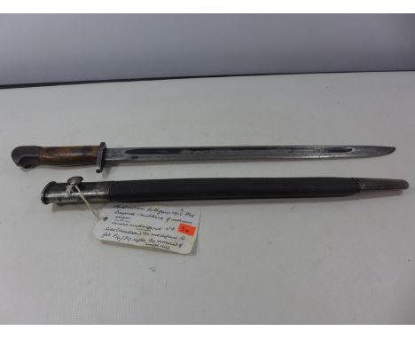 A RARE AUSTRALIAN LITHGOW P'07 BAYONET, 42CM BLADE, STEEL AND LEATHER SCABBARD 