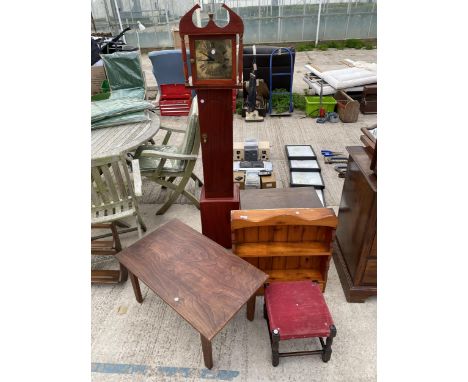 A GRANDMOTHER CLOCK, TWO TABLES, STOOL AND PINE WALL RACK 