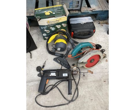 AN ASSORTMENT OF TOOLS TO INCLUDE A CIRCULAR SAW, AN ORBITAL PALM SANDER AND A HAMMER DRILL ETC 