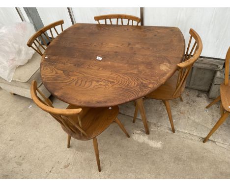 A SET OF FOUR ERCOL DINING CHAIRS AND A DROP-LEAF DINING TABLE 